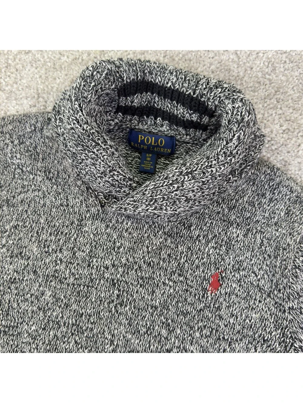 Polo Ralph Lauren Boys Shawl Collar Sweater Size 8 BL/WH Cotton Marled Knit
